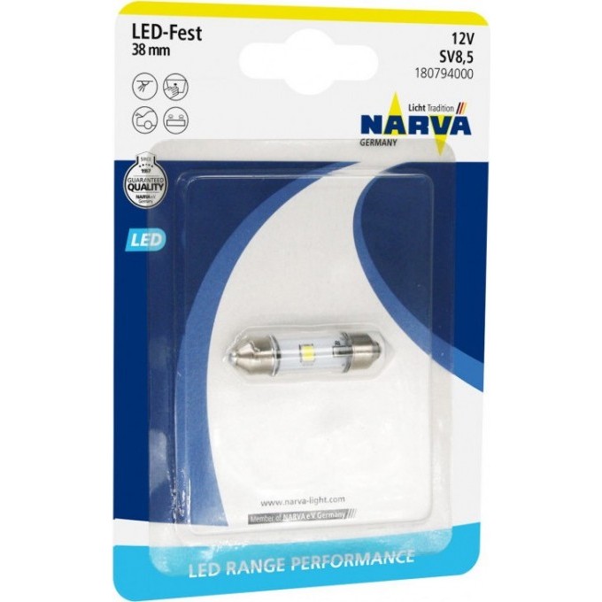 Лампа NARVA FESTOON LAMPS LED 12V 0.6W SV8.5 B1 38mm 82503396