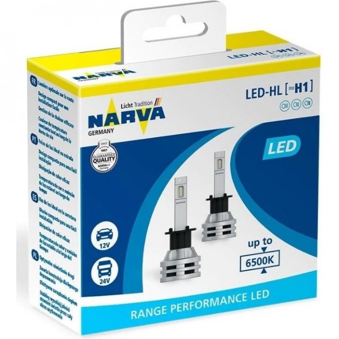 Лампа NARVA RANGE PERFORMANCE LED H1 6500K 16W PX26d 12/24V P14.5s 2 шт. 100277250