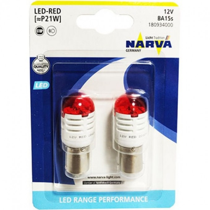 Лампа NARVA RANGE PERFORMANCE LED P21/5W BAY15d 6000K красный 2шт. 110806953